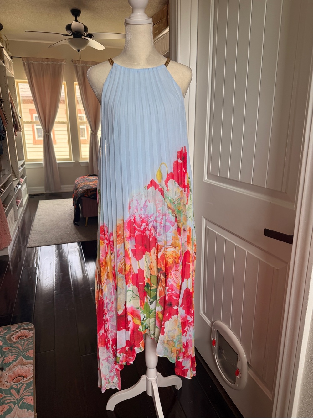 Alex Marie Light Blue High-Low Floral Pleated Dress